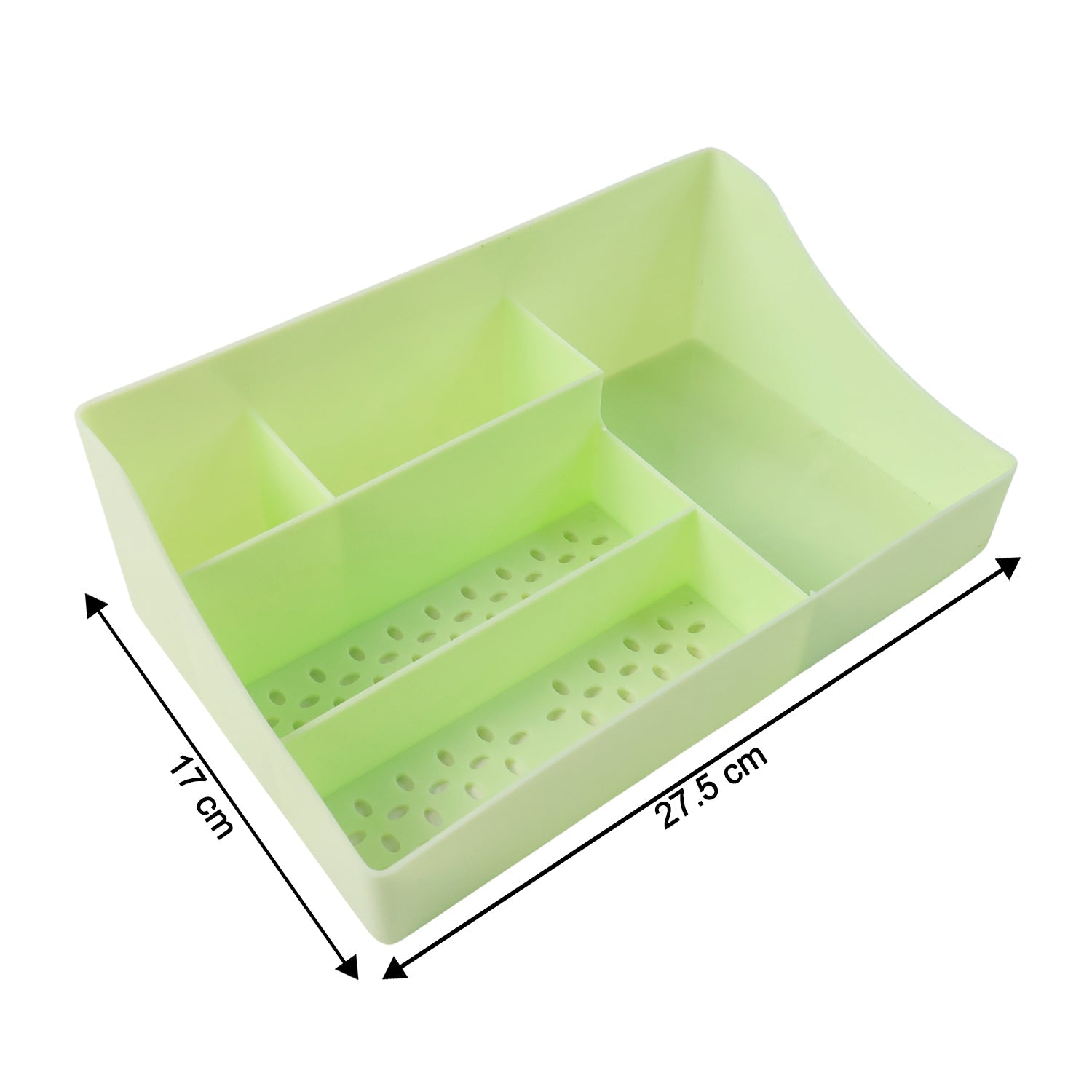 Workspace with green desk organizer storage tray and stationery inside