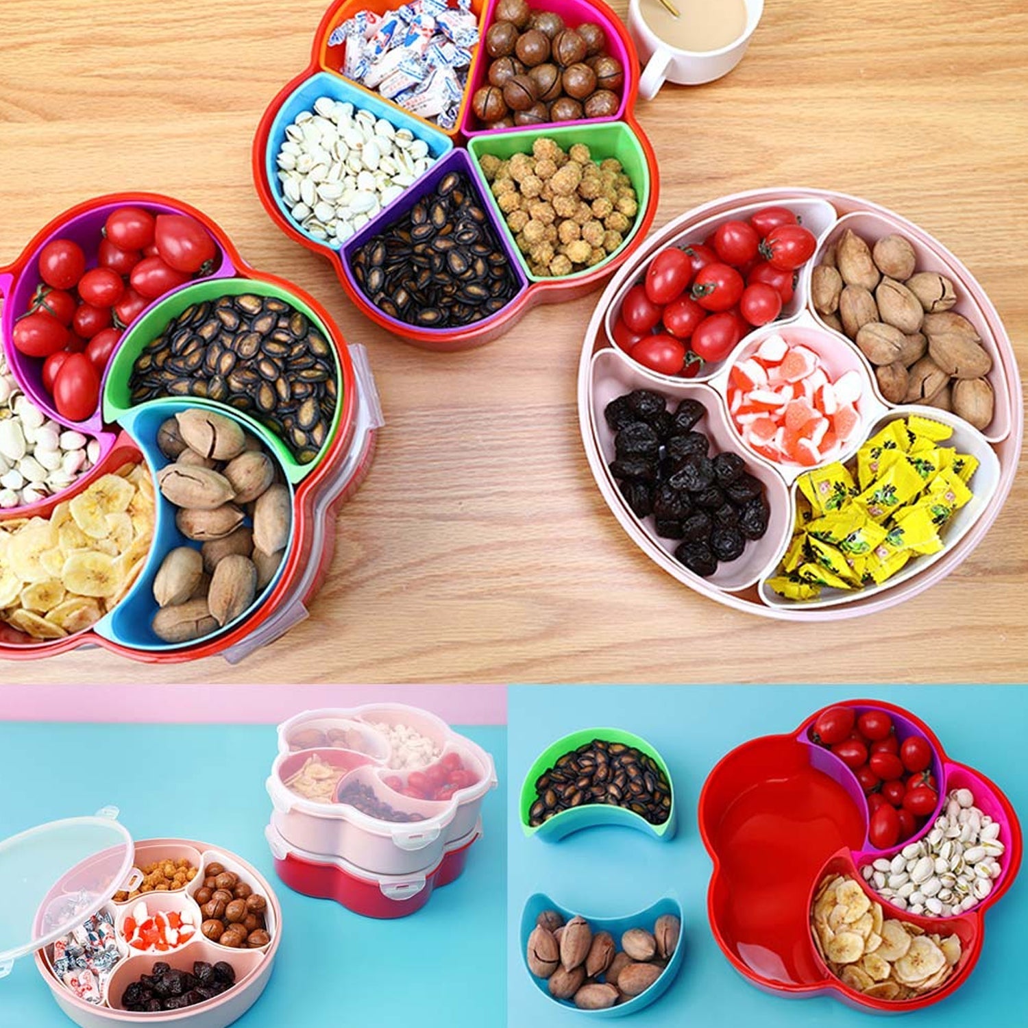 Food storage box for home and kitchen, neatly arranging different types of snacks.