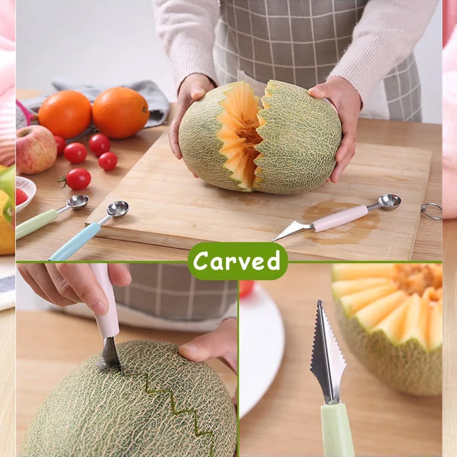 Person skillfully using a fruit carving knife to create designs on a melon.