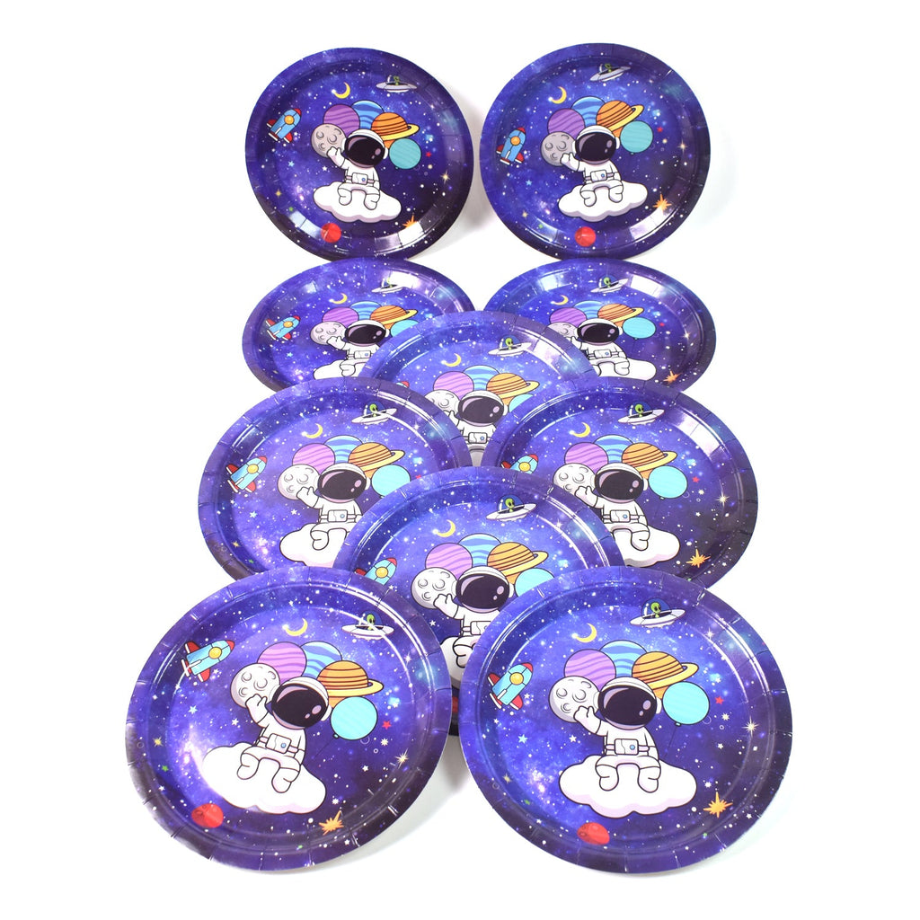 Assortment of disposable paper plates featuring 'Birthday Glow' themed patterns.