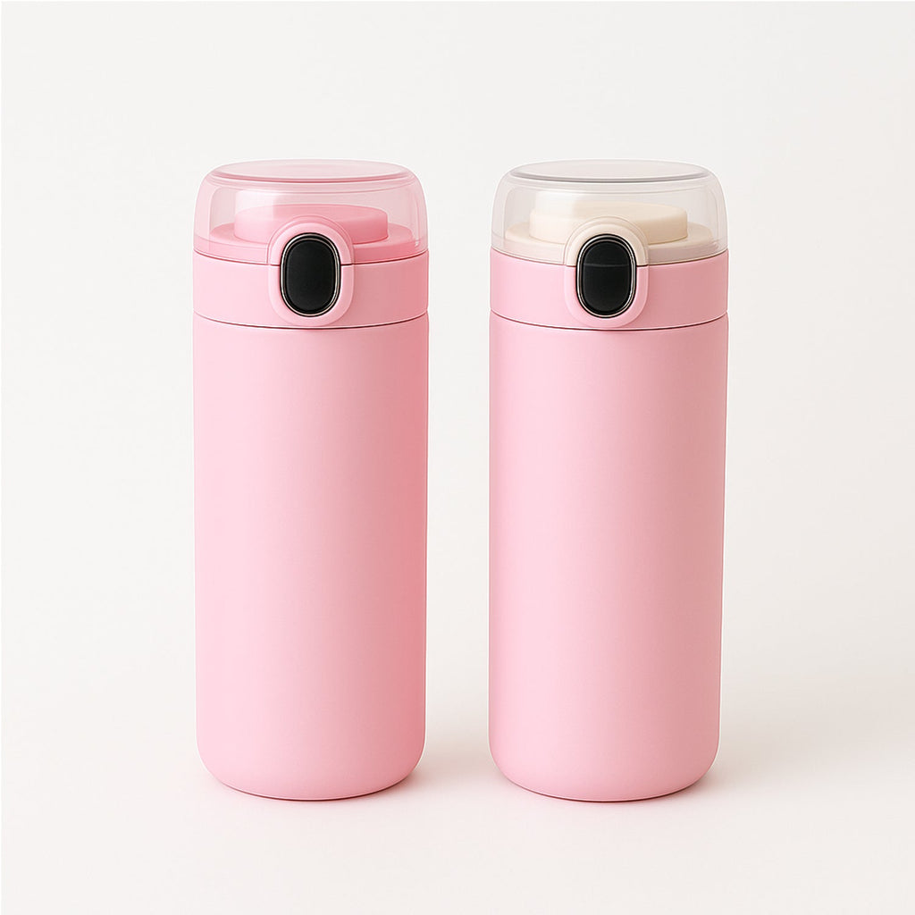 Close-up of the food-grade stainless steel interior and secure lid of the kids water bottle.