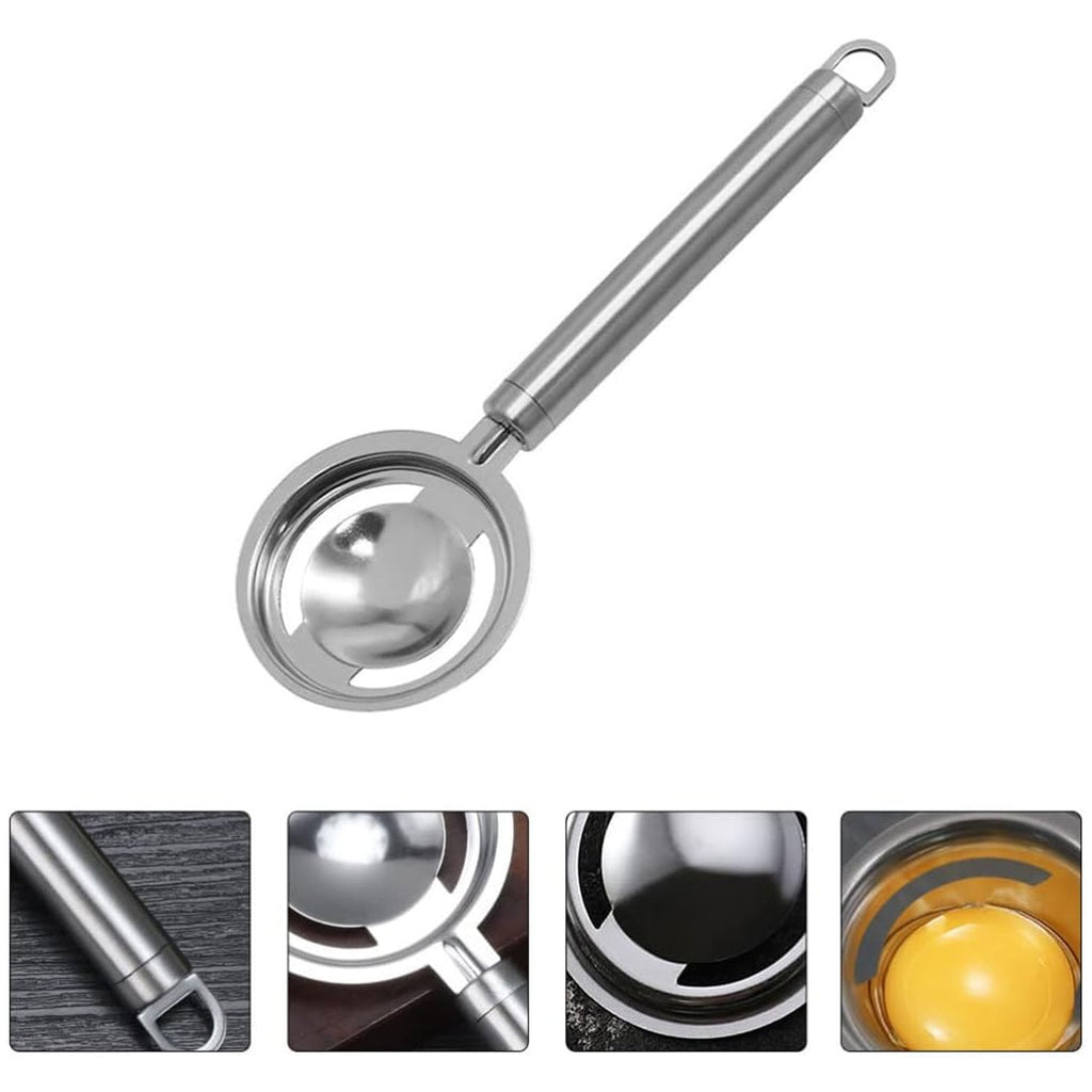Detailed shot of the egg separator tool, made from durable stainless steel.
