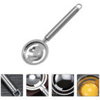 Detailed shot of the egg separator tool, made from durable stainless steel.