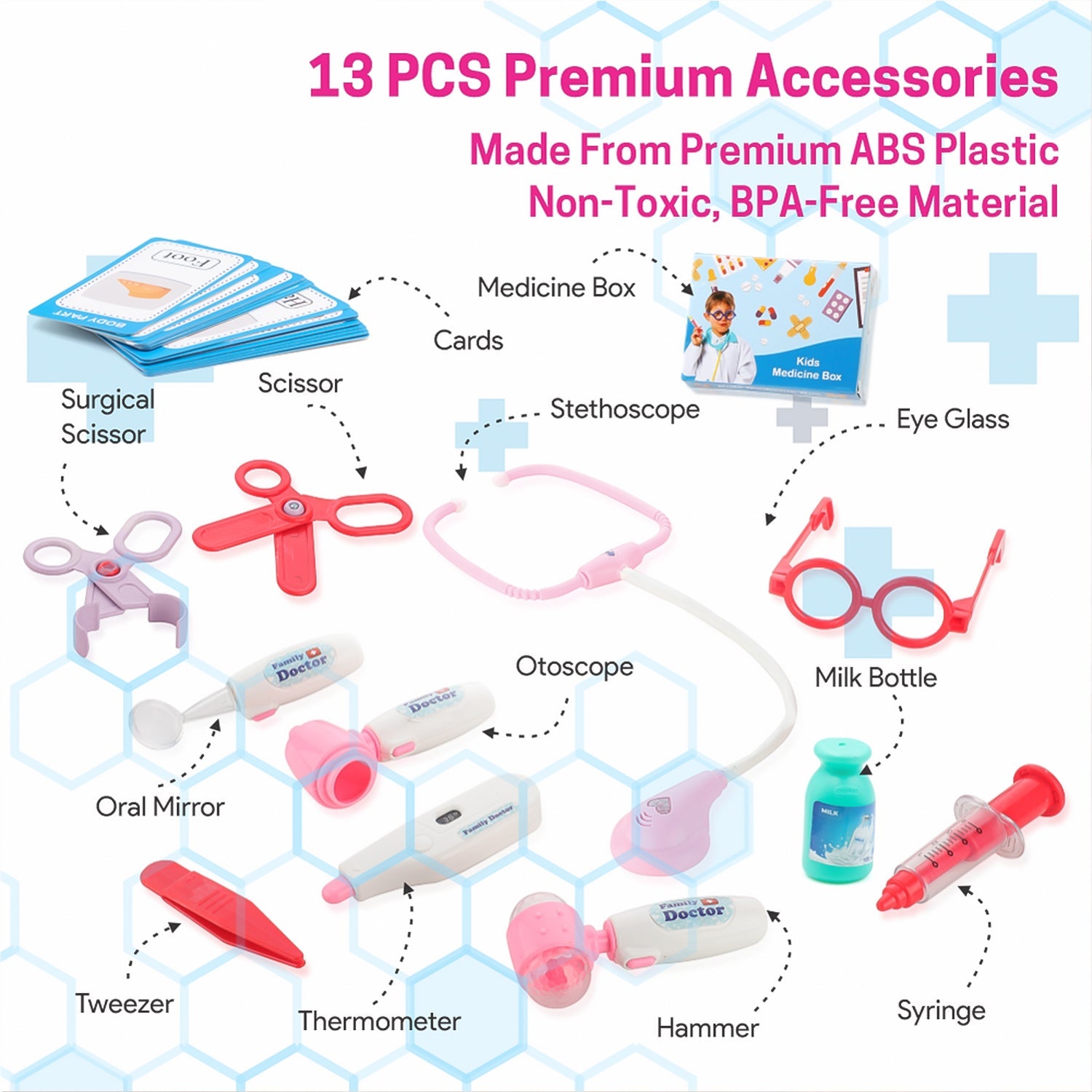 Detailed view of the multi-piece doctor play kit instruments, including stethoscope.