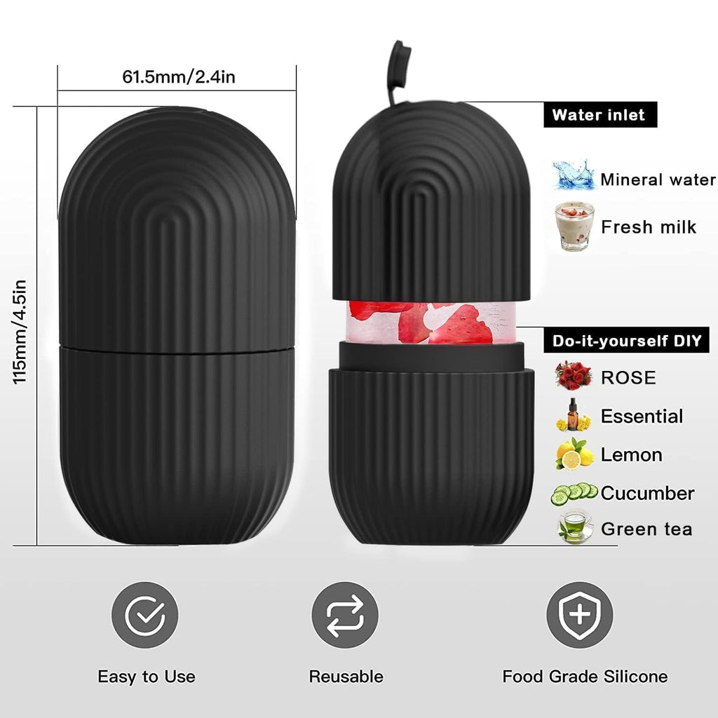 Hand holding the black ice roller, demonstrating its use for facial swelling reduction.