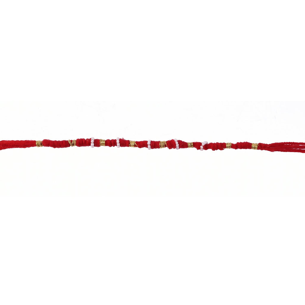 Red mauli rakhi with decorative beads and golden details
