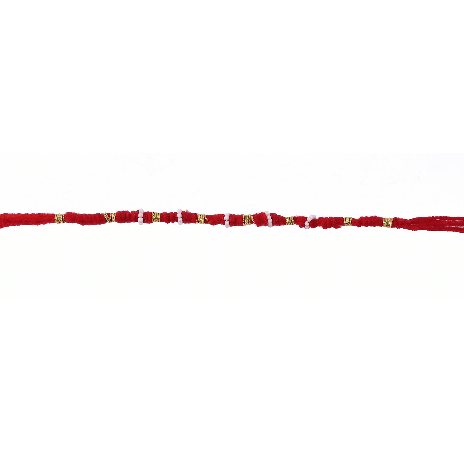 Red mauli rakhi with decorative beads and golden details