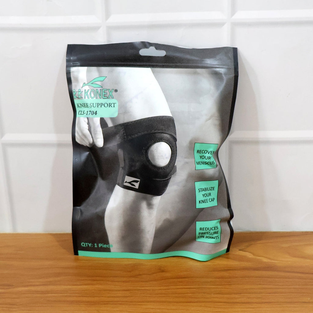 Side view of elastic knee support brace featuring patella hole design