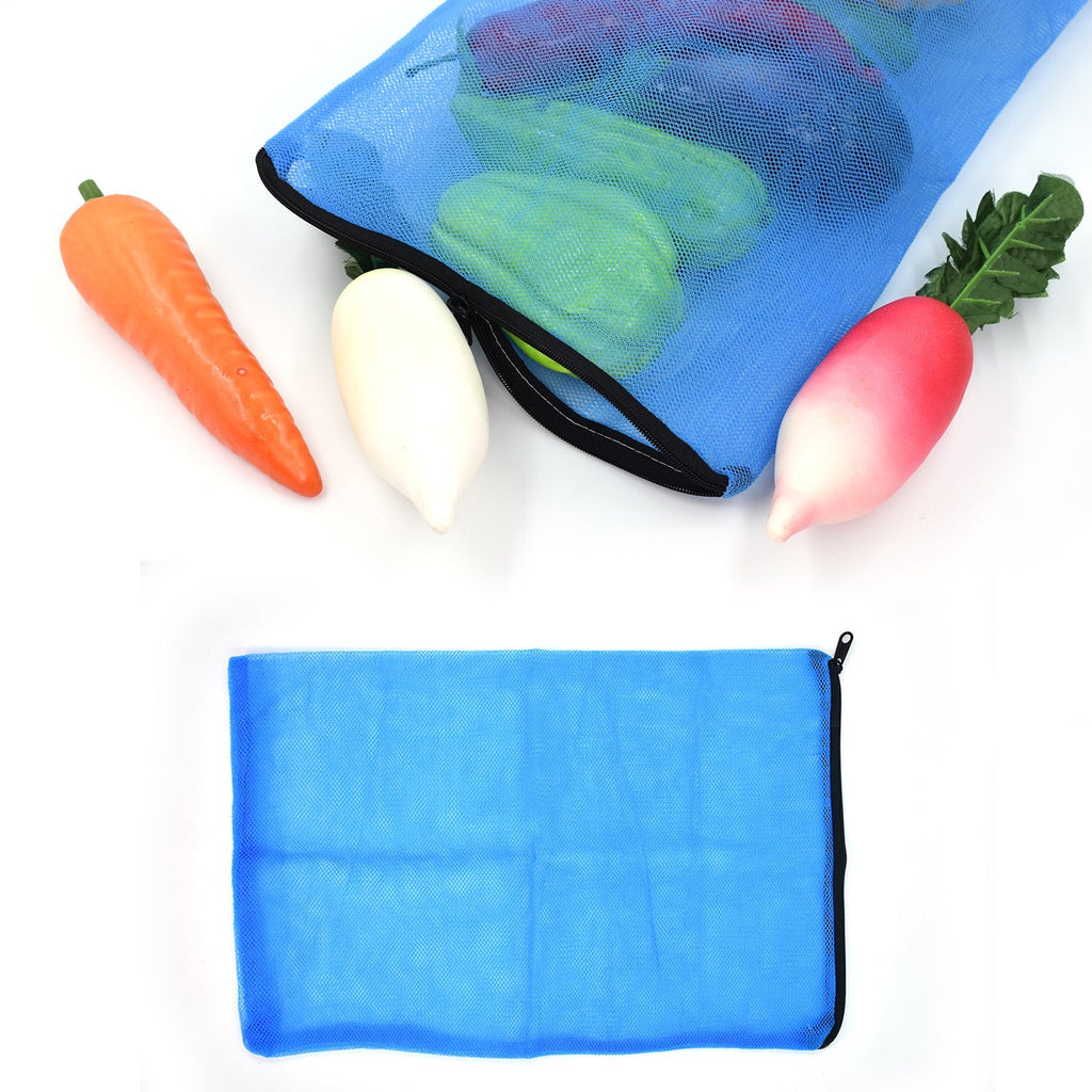 Stack of reusable zippered mesh bags for organised refrigerator storage.