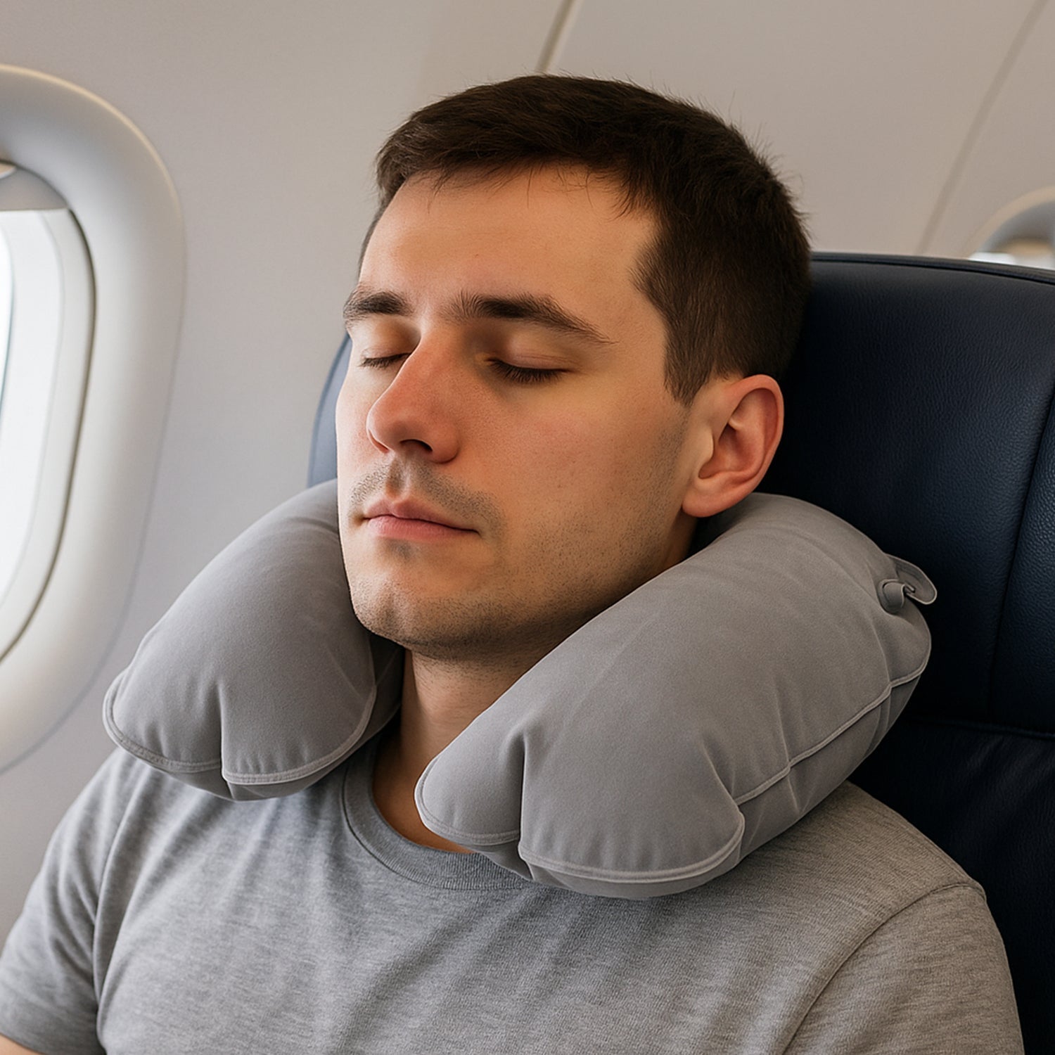 Compact inflatable travel pillow with white exhaust button