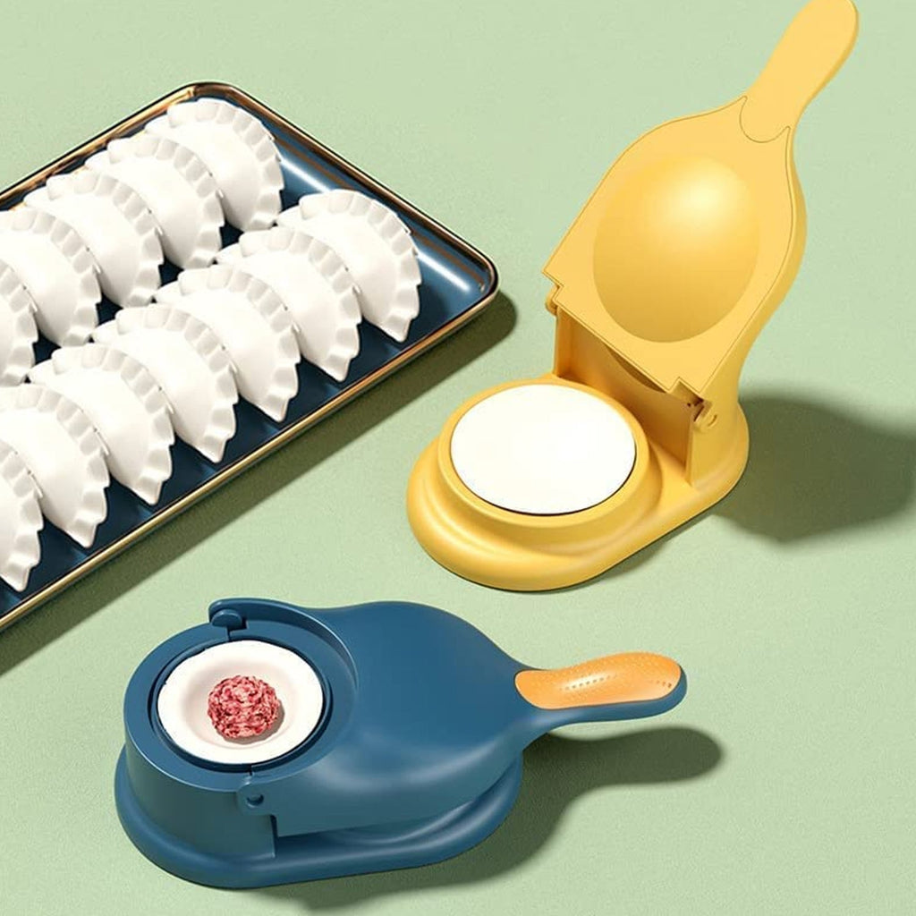 The manual dumpling press machine creating perfectly shaped dumplings.