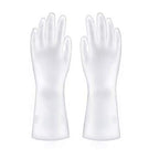 Heavy-duty cleaning gloves in use for bathroom scrubbing.