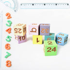 Children's wooden math game kit with blocks and cards for interactive learning.