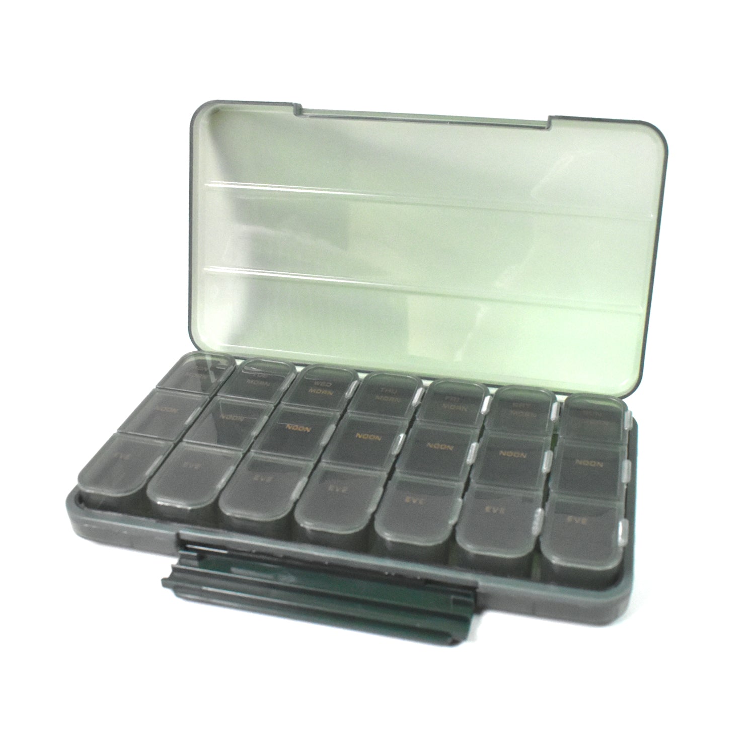 Empty 21-grid pill organiser on a clean surface, ready for medication loading.