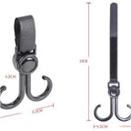 Universal stroller hook attached to a wheelchair handle, demonstrating versatility.