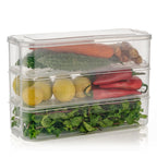 A set of three 1500ML transparent fridge storage containers with stackable design.