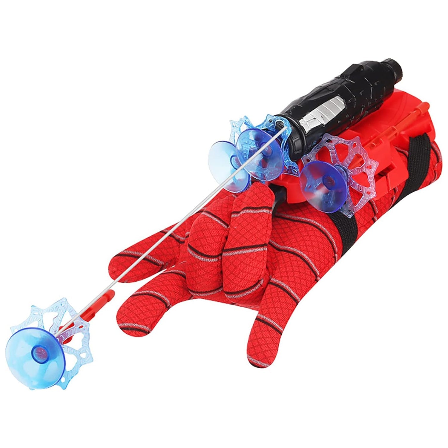 Young boy joyfully wears the Web Shooter Toy glove, ready for superhero play.