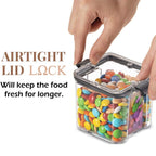 Four stackable 700ml square food containers, showcasing their space-saving feature.