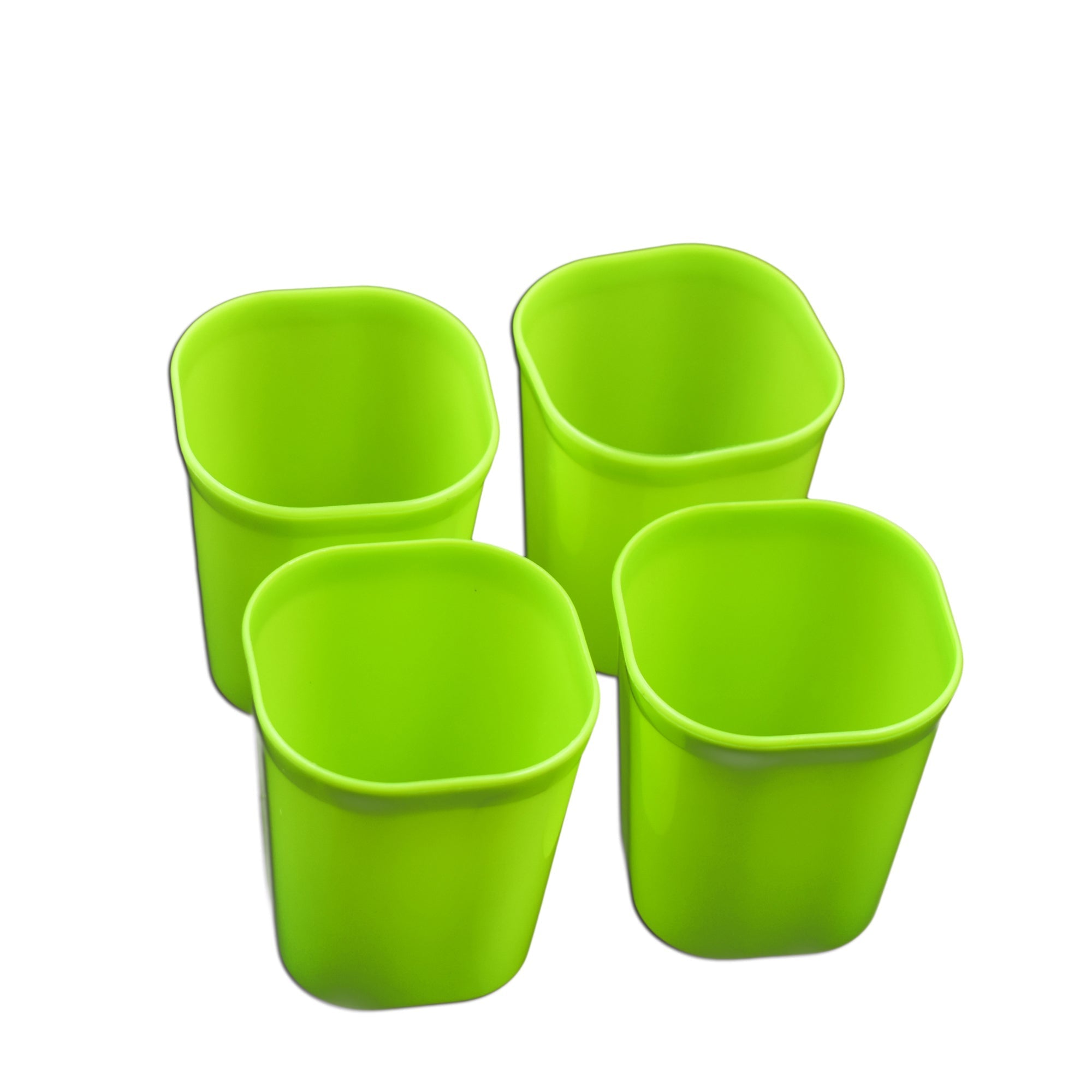 Stackable and lightweight plastic drinking glasses in a set of four.