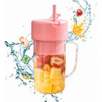 Portable USB juicer shown with various fruits ready for blending.