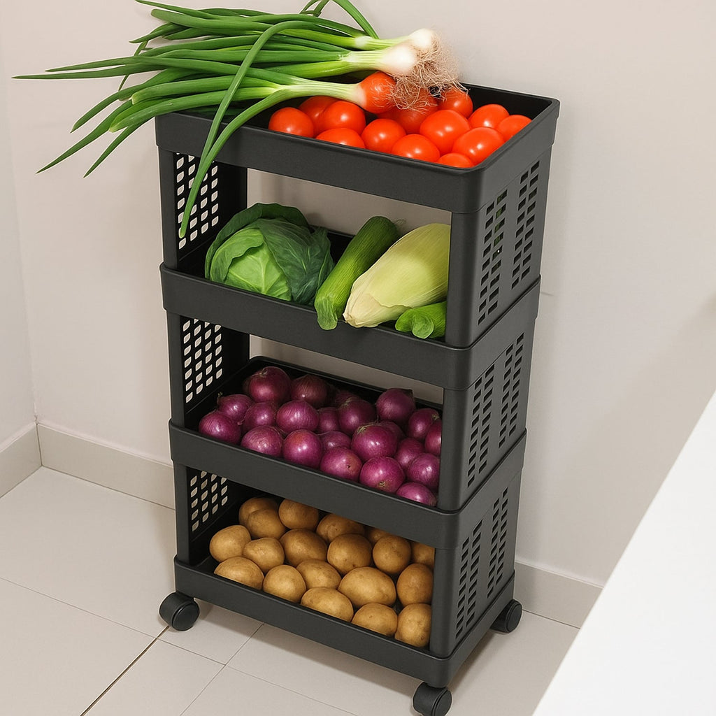 Detailed dimensions and scale are shown for the Organivo 4-layer movable storage unit.
