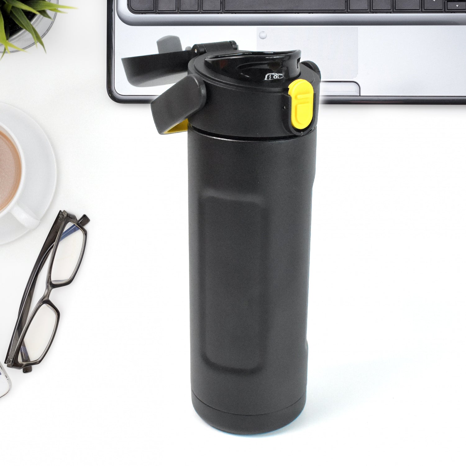 Side angle view of insulated water bottle highlighting compact leak-proof design