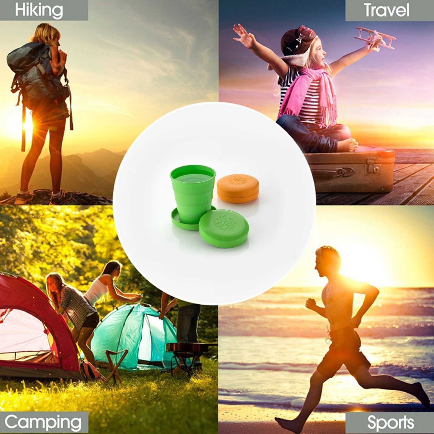 Lightweight, reusable folding travel cup with lid, great for kids' school or picnics.
