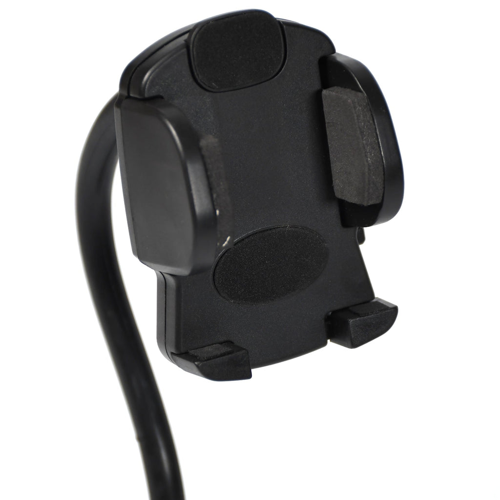 Ergonomic car phone holder with extended arm for easy accessibility.