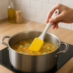 Assorted silicone spatulas and pastry brushes arranged in a modern kitchen setting.