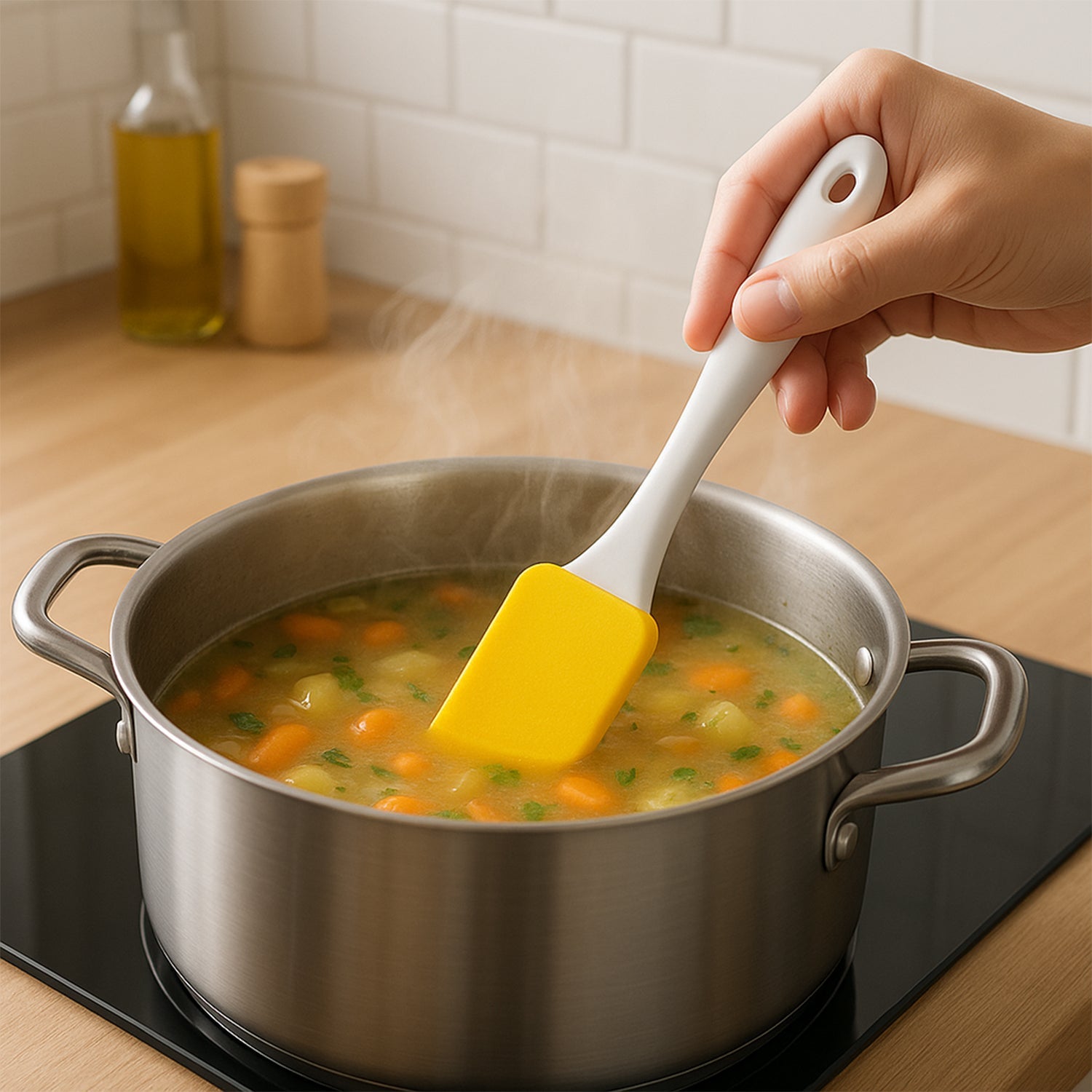 Assorted silicone spatulas and pastry brushes arranged in a modern kitchen setting.