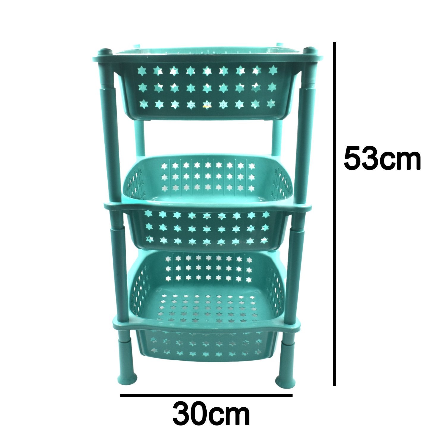 Square kitchen trolley with three spacious storage baskets, easy to move.