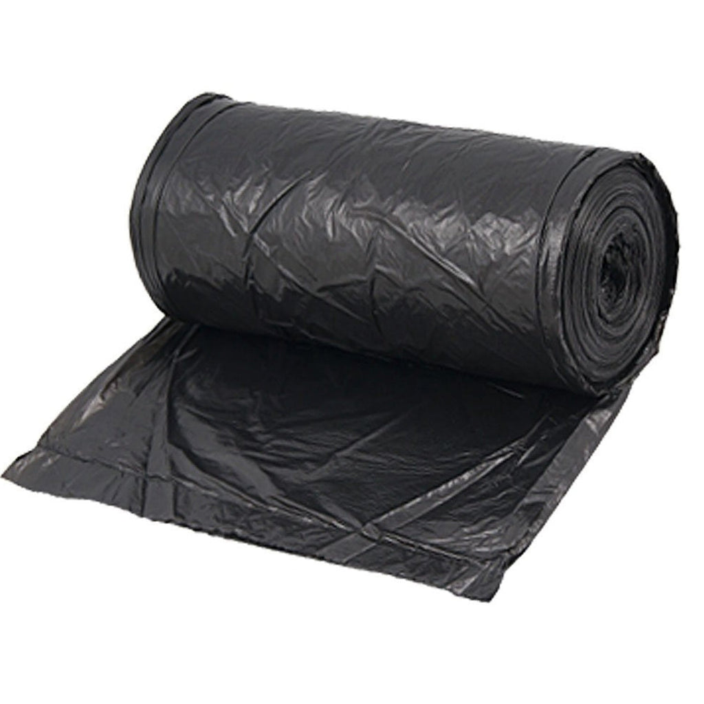 Illustration demonstrating how to easily tear off a black garbage bag from the roll.