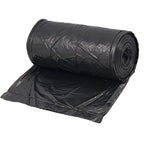 Illustration demonstrating how to easily tear off a black garbage bag from the roll.