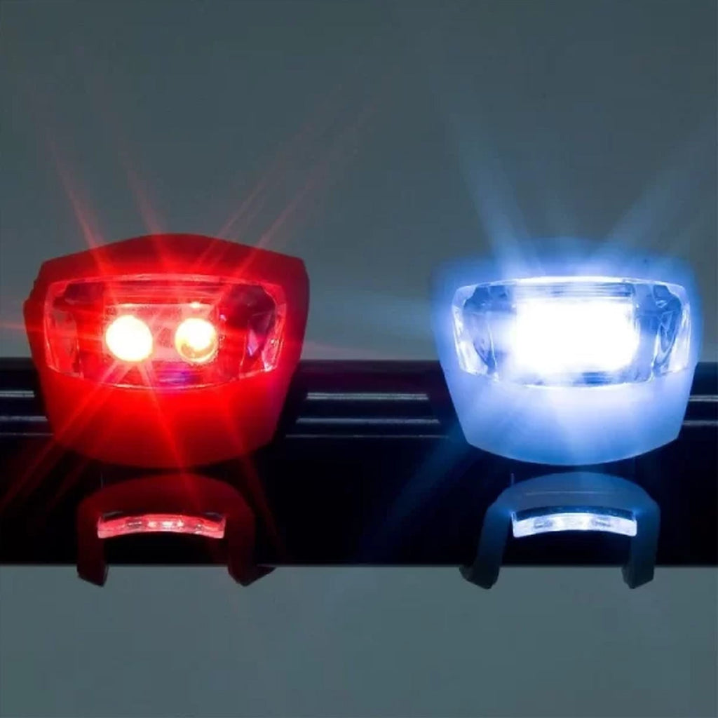 Easy install bike lights attached securely to a bicycle frame and seat post, ready for use.
