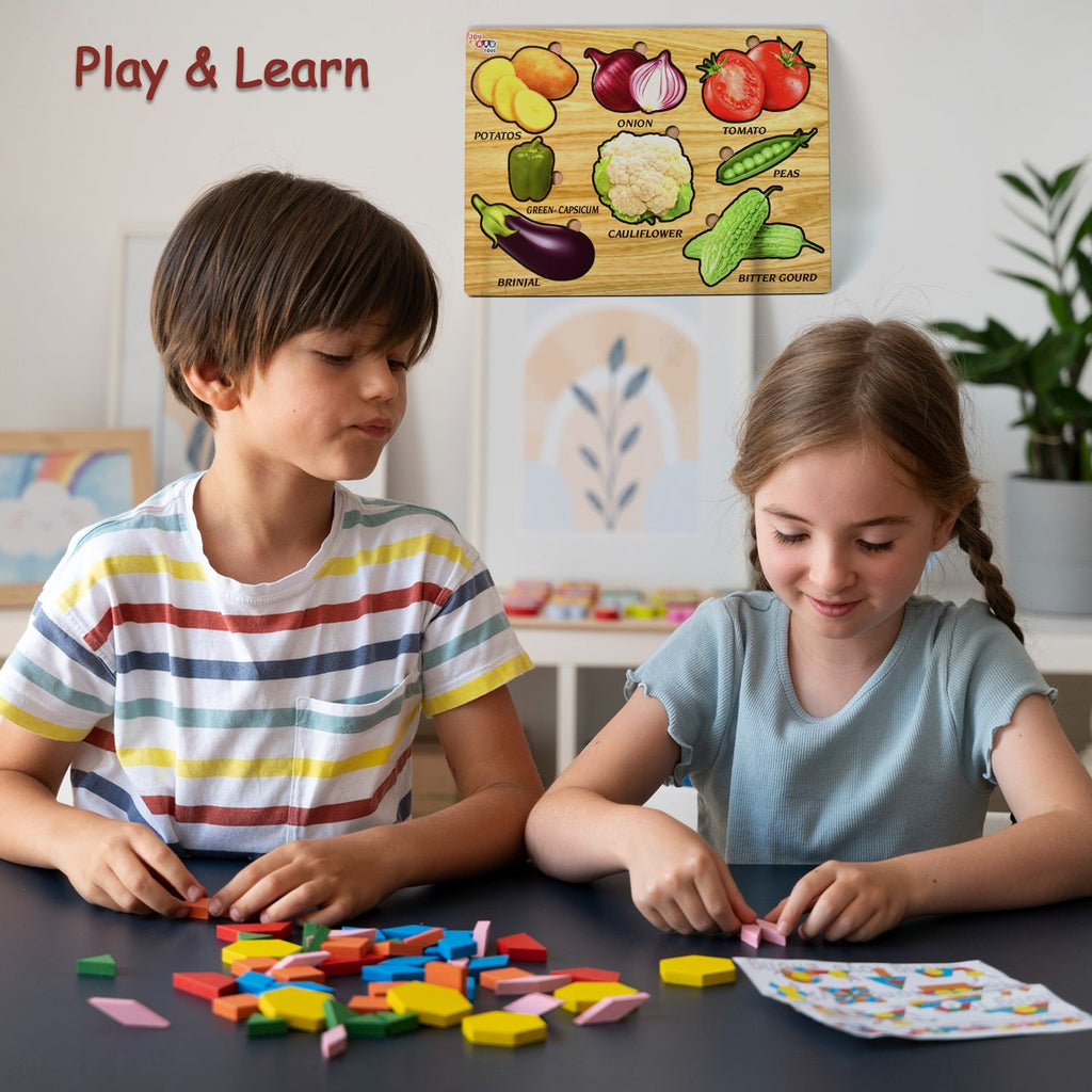 Top view of a wooden vegetable peg puzzle board with vibrant shapes for kids.