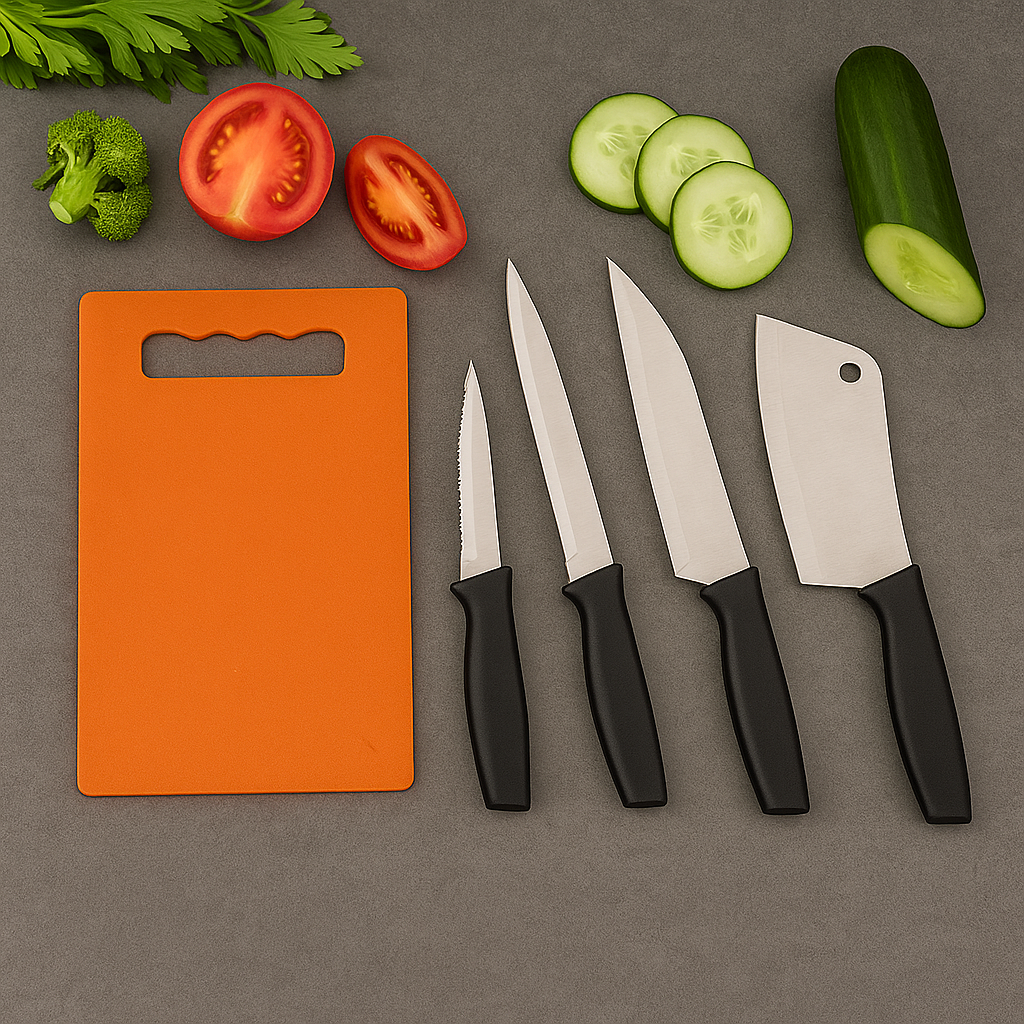 Black handle kitchen knives and chopping board set for home cooking