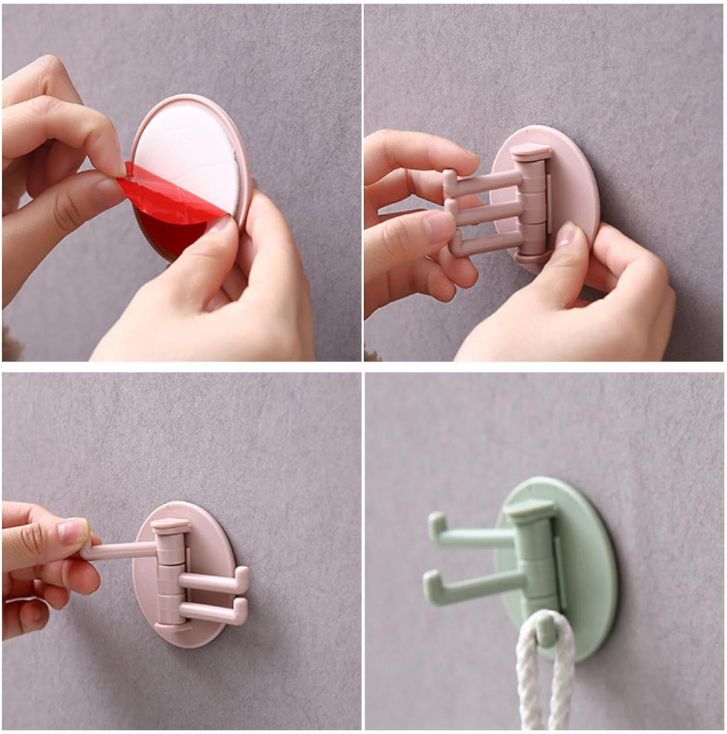 Another view of the 180° foldable sticky hook, showcasing its use in kitchen and bathroom.