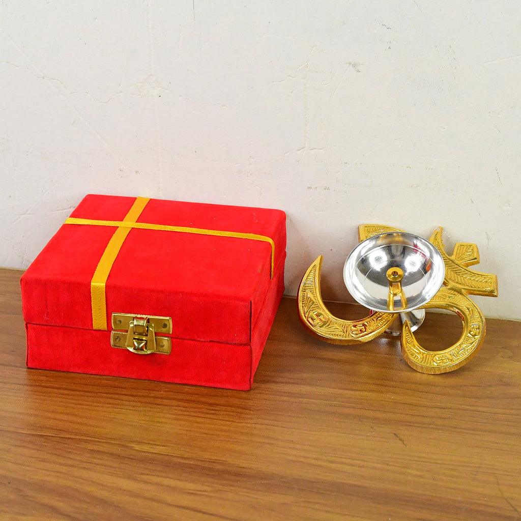 Brass Oil Diya lamp featuring a silver-polished bowl and golden polish