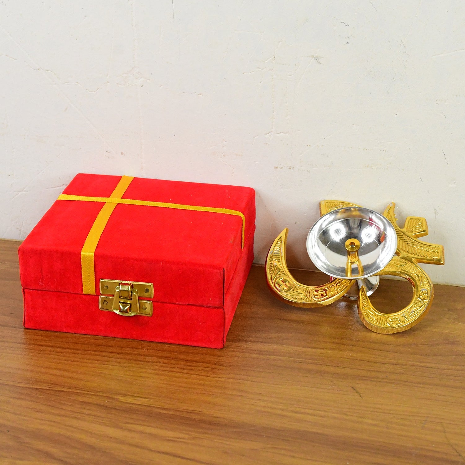 Brass Oil Diya lamp featuring a silver-polished bowl and golden polish