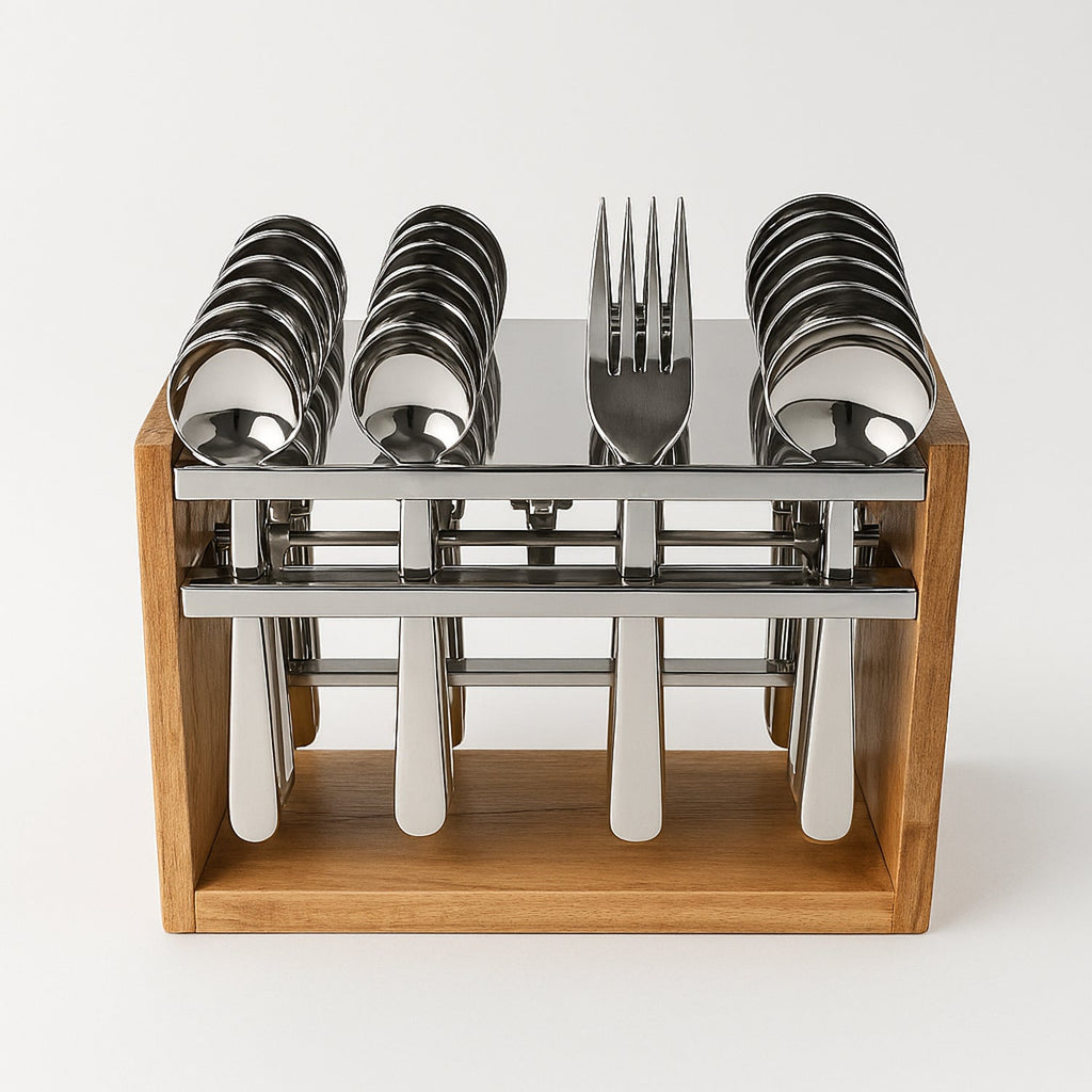 Close-up view of shiny stainless steel flatware pieces