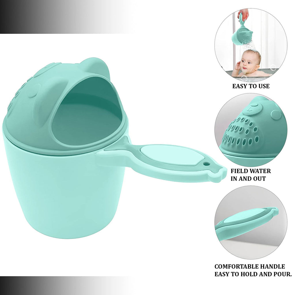 A parent gently pouring water over a baby's head using the baby bath tumbler, demonstrating its ease of use.