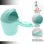 A parent gently pouring water over a baby's head using the baby bath tumbler, demonstrating its ease of use.
