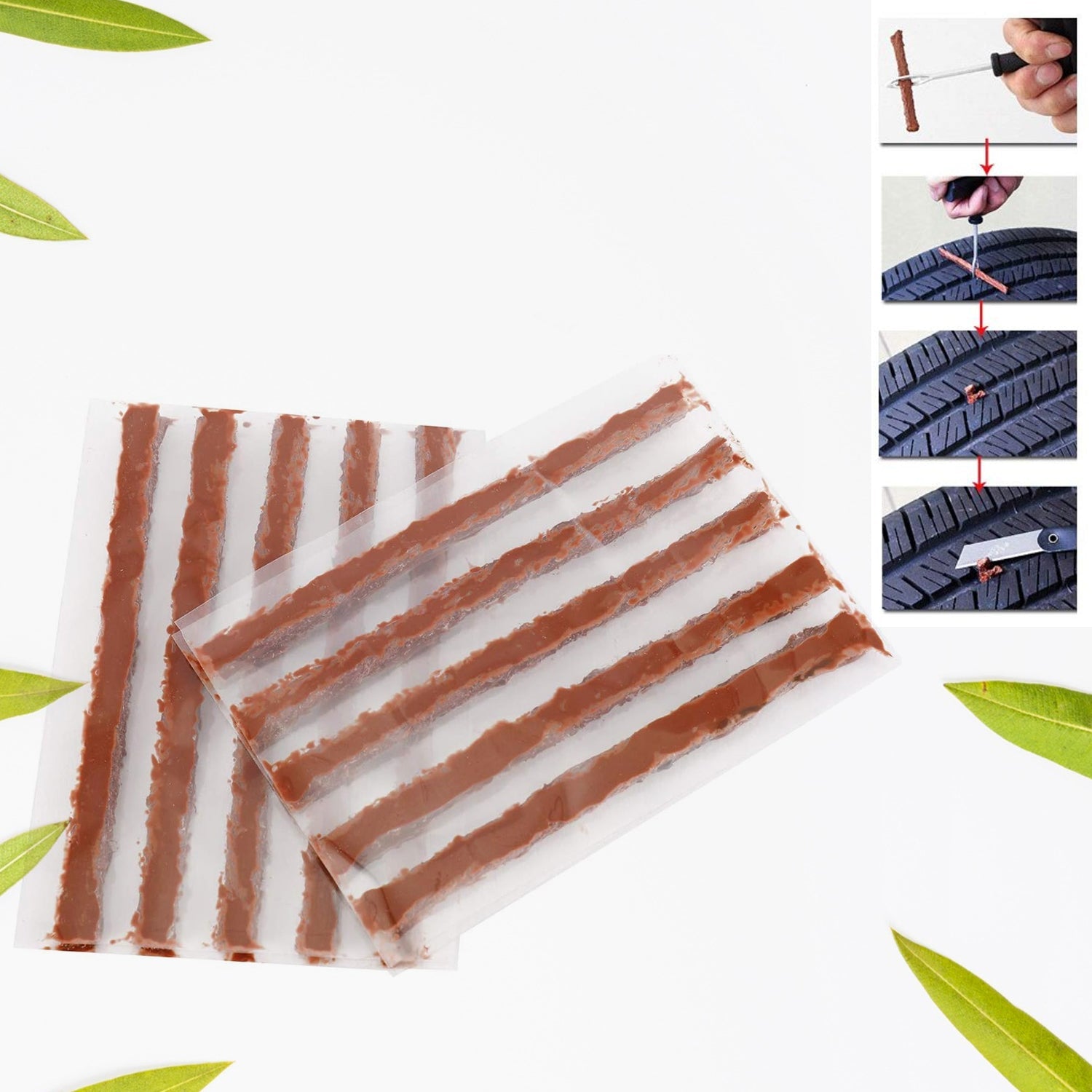 Set of sticky tire repair rubber strips for tubeless tires