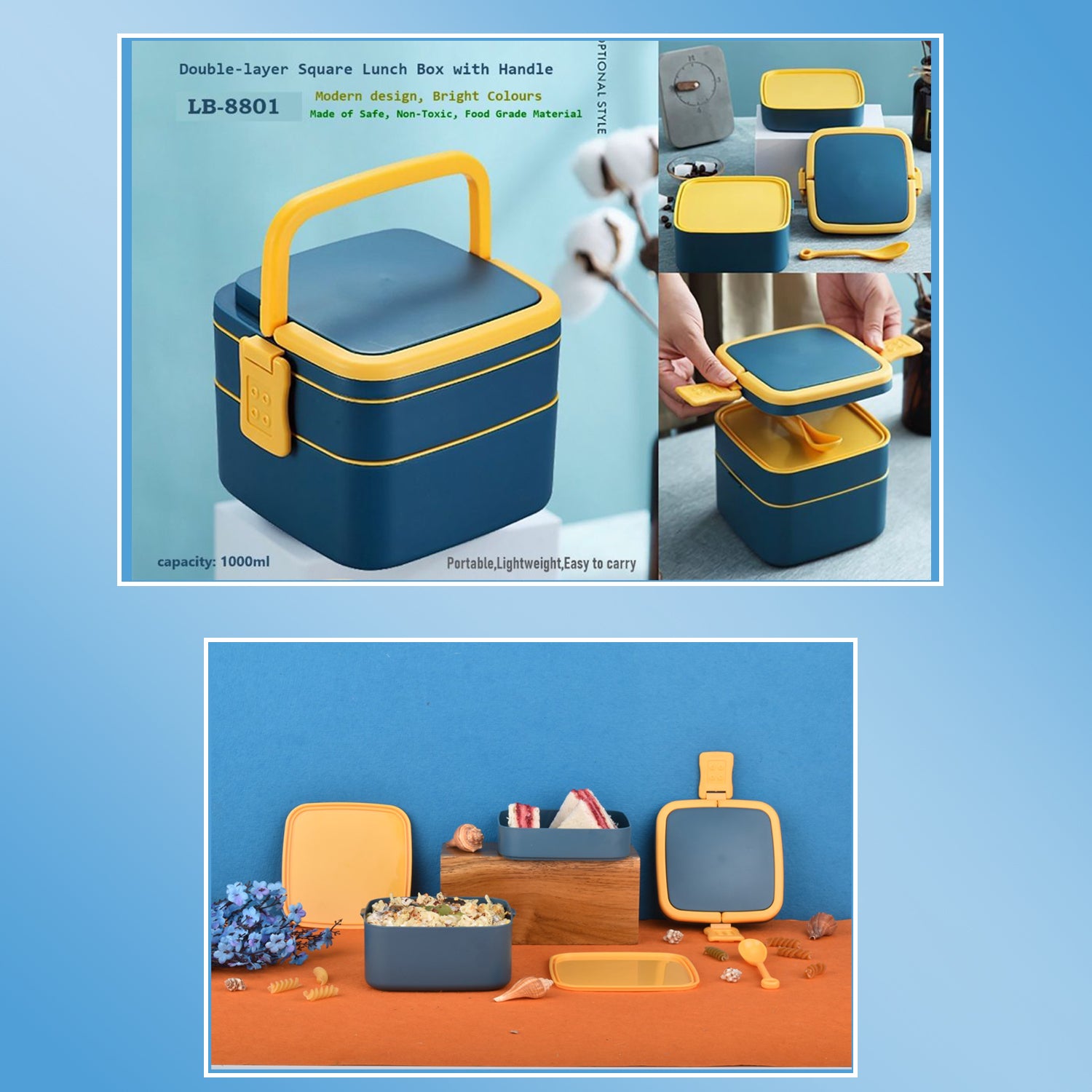Detailed view of the two-layer blue lunch box, highlighting the secure closure.