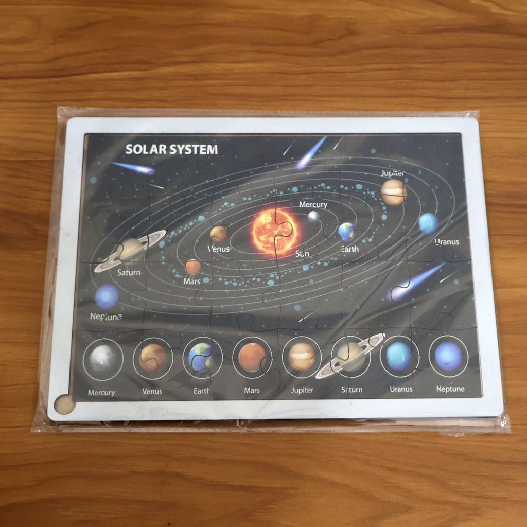 Complete wooden solar system puzzle set with labeled planets for kids