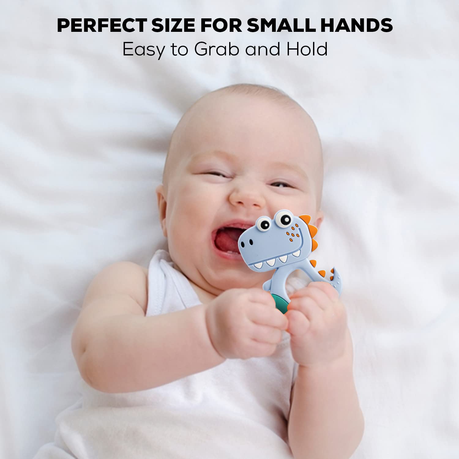 Detailed textured surface of silicone dinosaur teether for gum massage