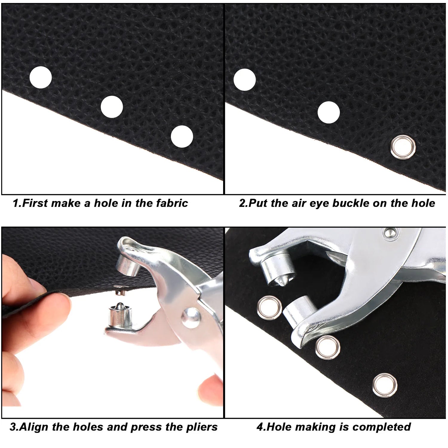 Several gleaming gold eyelets scattered next to the main grommet setting pliers on a clean surface.