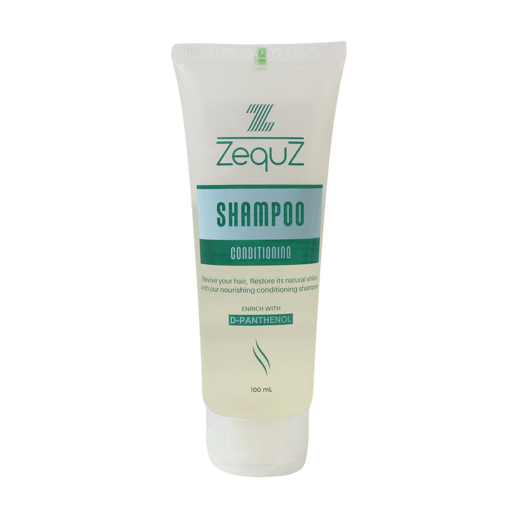 Zequz Conditioning Shampoo branding label highlighting nourishment benefits