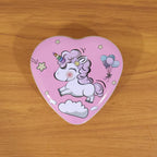 Decorative heart shaped metal storage box with unicorn theme