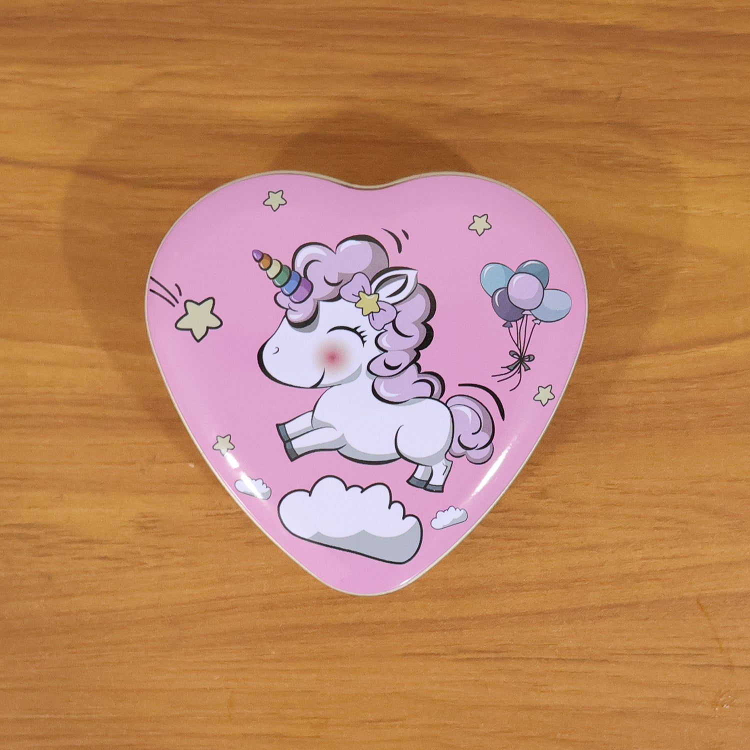 Decorative heart shaped metal storage box with unicorn theme